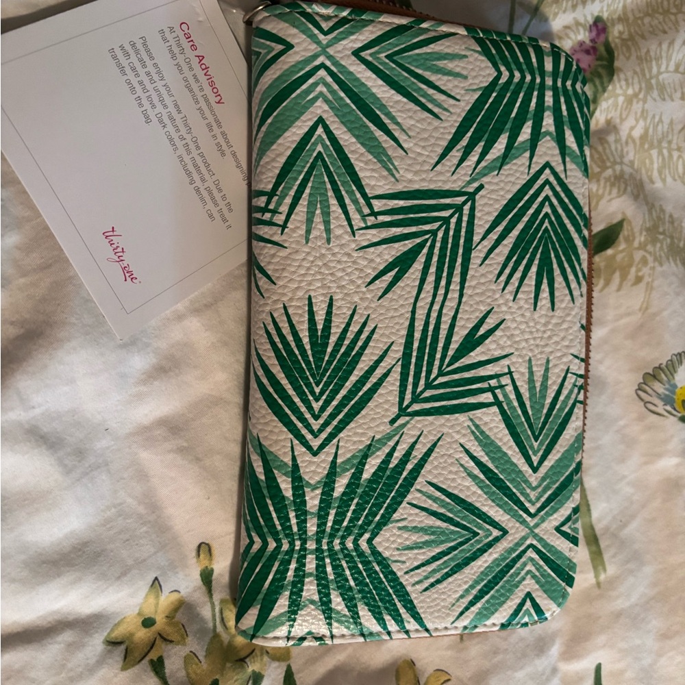 Thirty-one:  Green and White Leaf Print Wallet “All about the Benjamins”